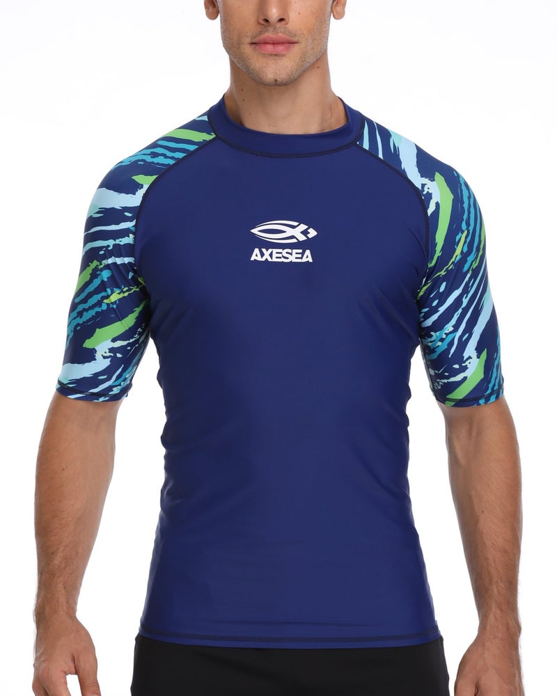 AXESEA Men's Short Sleeve Solid Sun Protection Rashguard Swim Shirt UPF 50+ (M, Blue) - Image 1